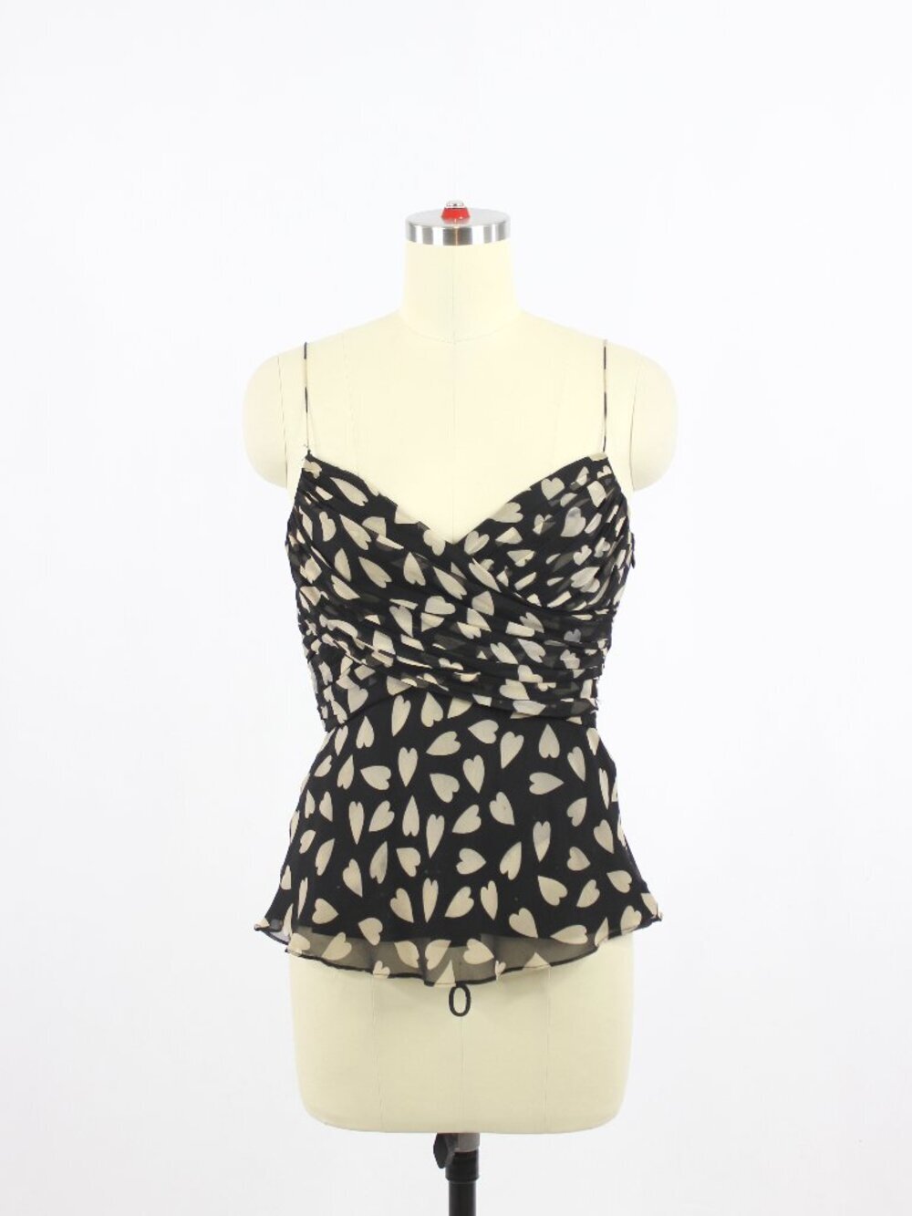 SHOSHANNA Black Beige Heart Print 100% Silk Georgette Ruched Tank Top, Size 6